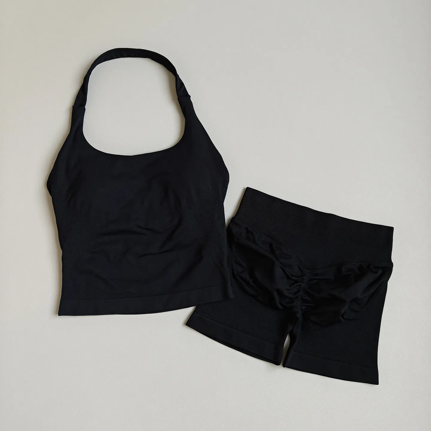 2-teiliges Damen-Sportset, Rückenfreies Neckholder-Top, Hochgeschnittene Nahtlose Dehnbare BHs, Shorts-Anzug, Fitness-Set, Workout-Bekleidung – Detail 16