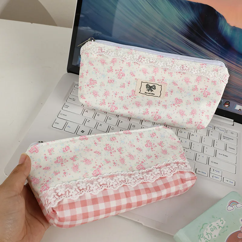 High Quality Lace Floral Design Pen Bag Large Capacity Pencil Bag Multifunctional Stationery Bag Pencil Case for Students Girls