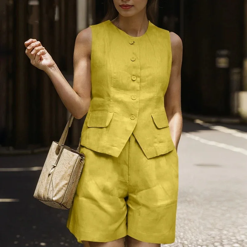 

Fashion Commuter Two Piece Sleeveless O-neck Single Breasted Vest High Waist Shorts Suit Elegant Solid Color Retro Women Set