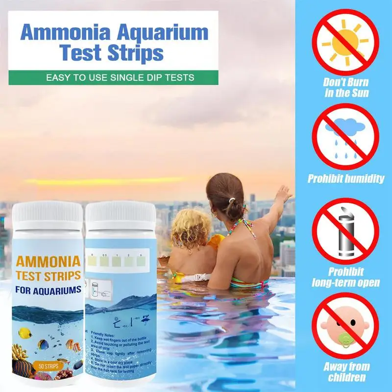 Tiras reactivas de amoniaco para acuario, Kit de prueba de agua segura para prueba de calidad del agua, 50 unidades