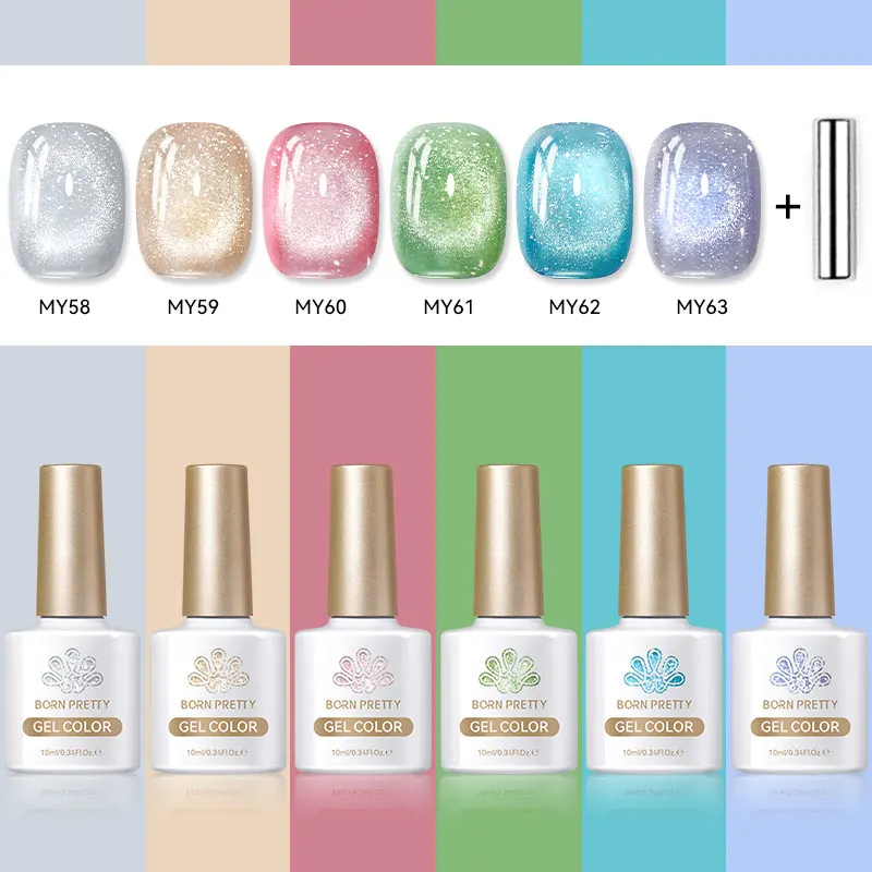 BORN PRETTY 6 개/대 블루 글리터 고양이 마그네틱 젤 매니큐어 여름 크리스탈 스파클링 세미 퍼머넌트 UV LED 바니시 흡수