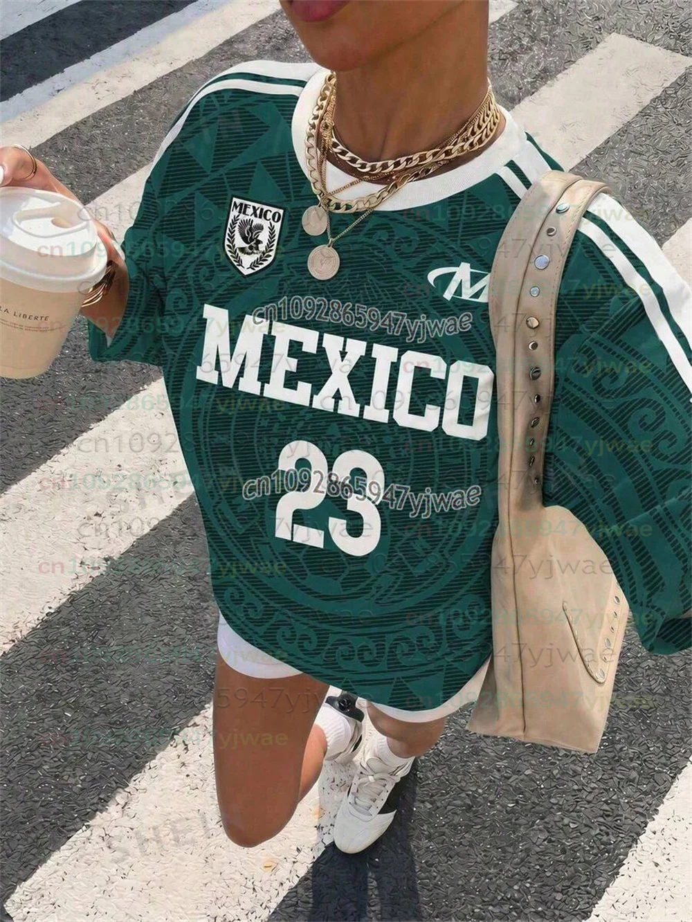 2026 Women's Oversized Athleisure Athletic Baggy Country Graphic Mexico World Cup Pattern T-Shirt Girls Striped Pattern Tee Tops