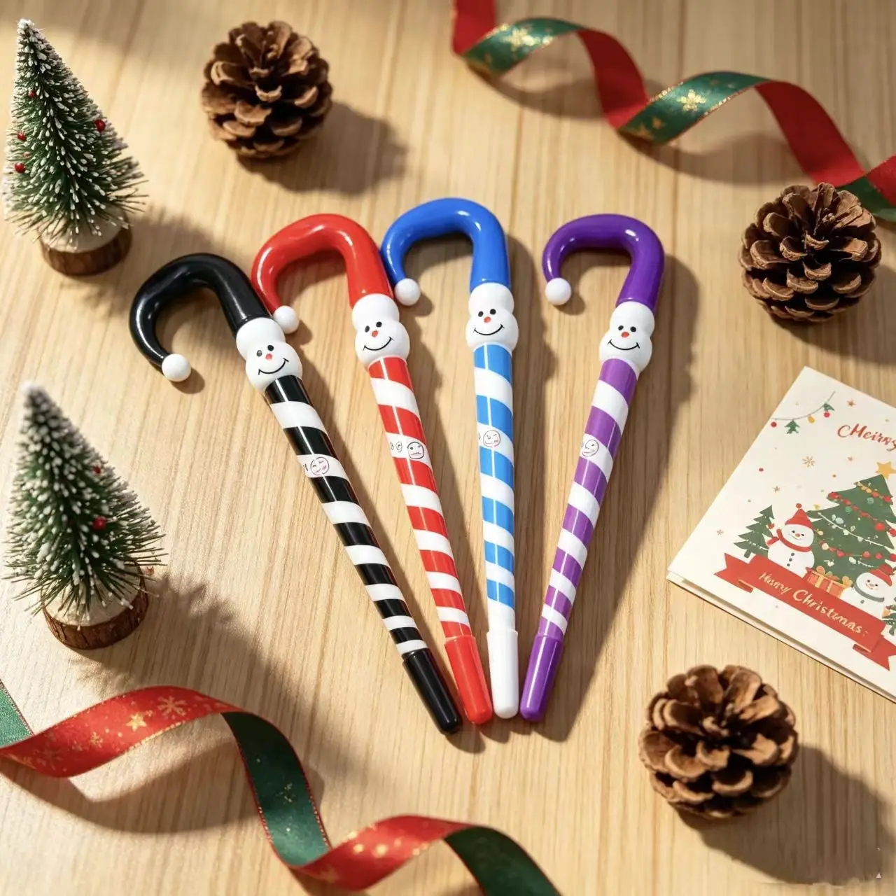 16/8 Pieces in Random Colors, Christmas Snowman Cane-Shaped Ballpoint Pen with Blue Ink, Cute Colorful Striped Holiday Gift Pen, Small Gift for Students, Cartoon Stationery for Writing in Journals, Halloween and Christ