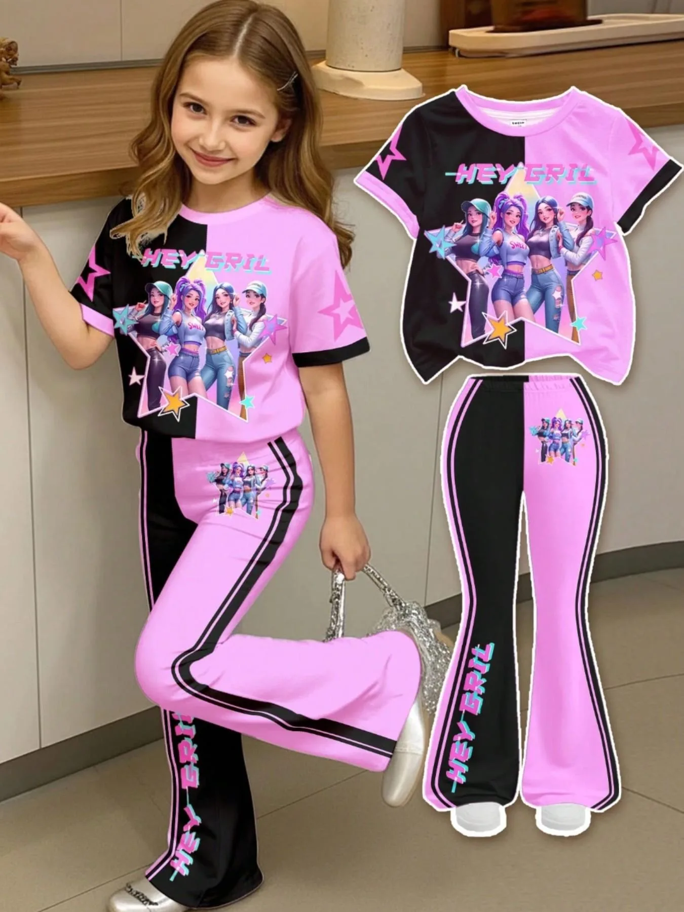 Kids Girls 2-Piece Color Block Tracksuit, Black Pink Split Splice HEY GIRL Idol Cartoon Star Print Short Sleeve T-Shirt & Side S