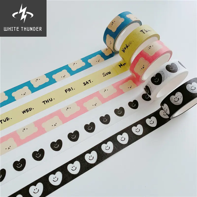 Ins Bear Black White Love Heart Decorative Adhesive Tape Masking Washi Tape Diy Scrapbooking Sticker Label Japanese Stationery