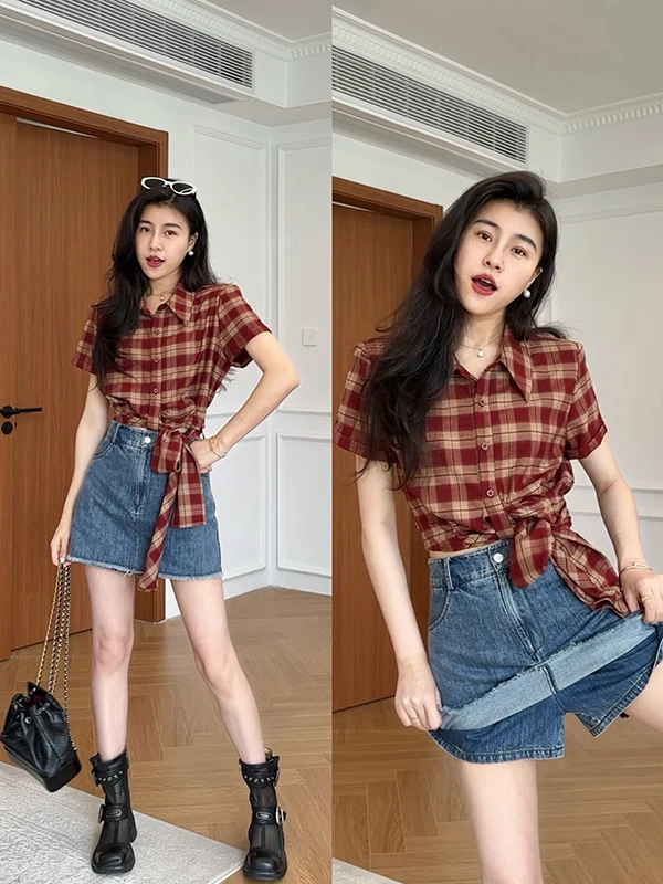 

Винтажный комплект из джинсовой юбки и рубашки в клетку в гонконгском стиле Zhang a Xing для женщин, юбка макси, ретро-мода, летняя одежда