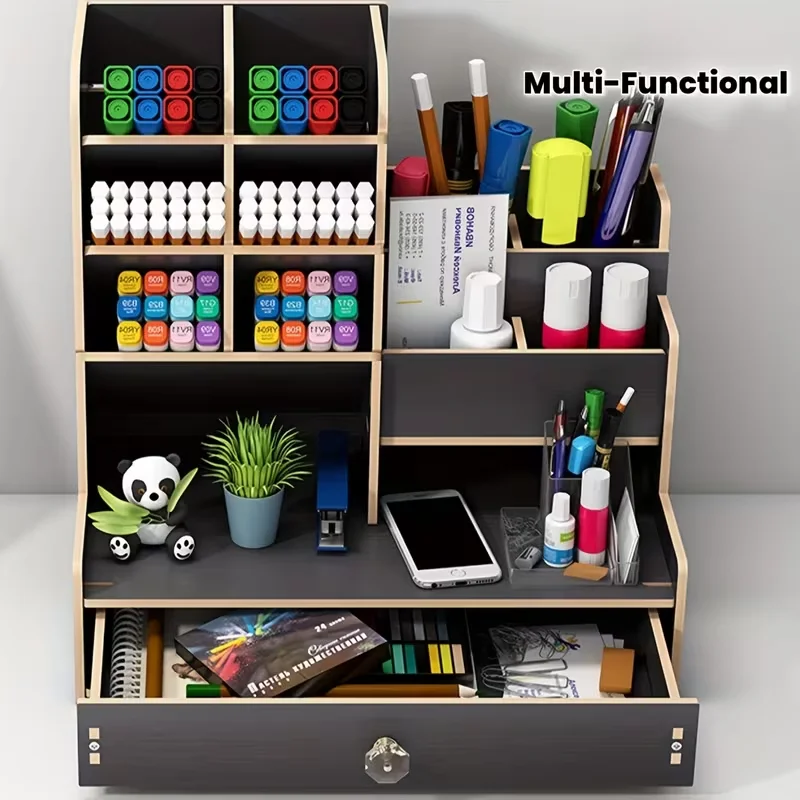 

Wooden Desk Organizer with Drawer, Multi-Compartment Desktop Storage for Pens, Stationery, Office Supplies