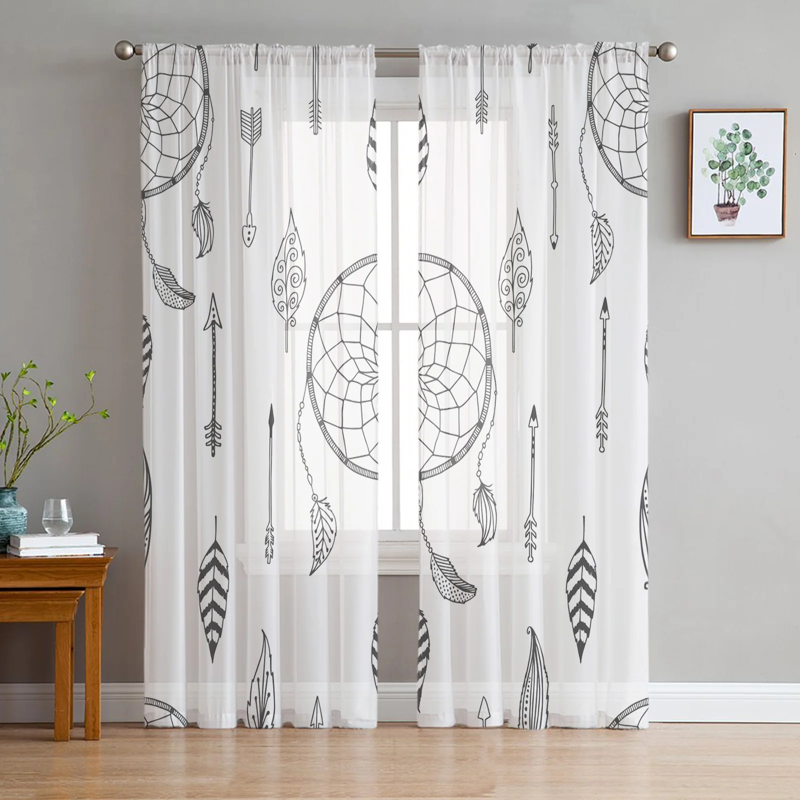 Dream Catcher Black White Sheer Curtains for Living Room Bedroom Kitchen Tulle for Windows Voile Yarn Curtains for Bedroom