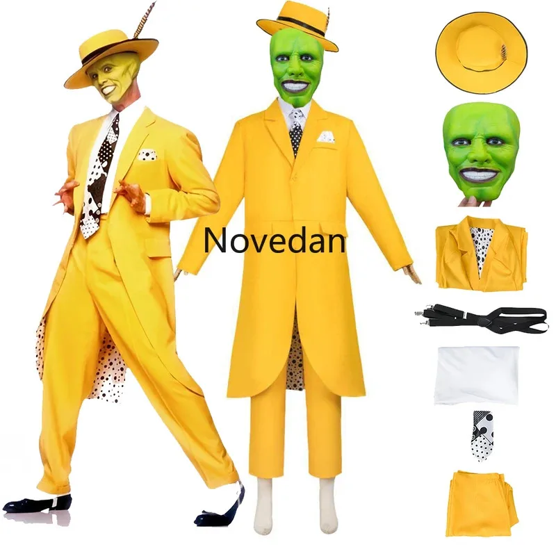 

Movie The Mask Cosplay Costume Jim Carrey Cosplay Yellow Uniform Men Party Suit Hat Green Mask Halloween Joker Clown Prop Outfit