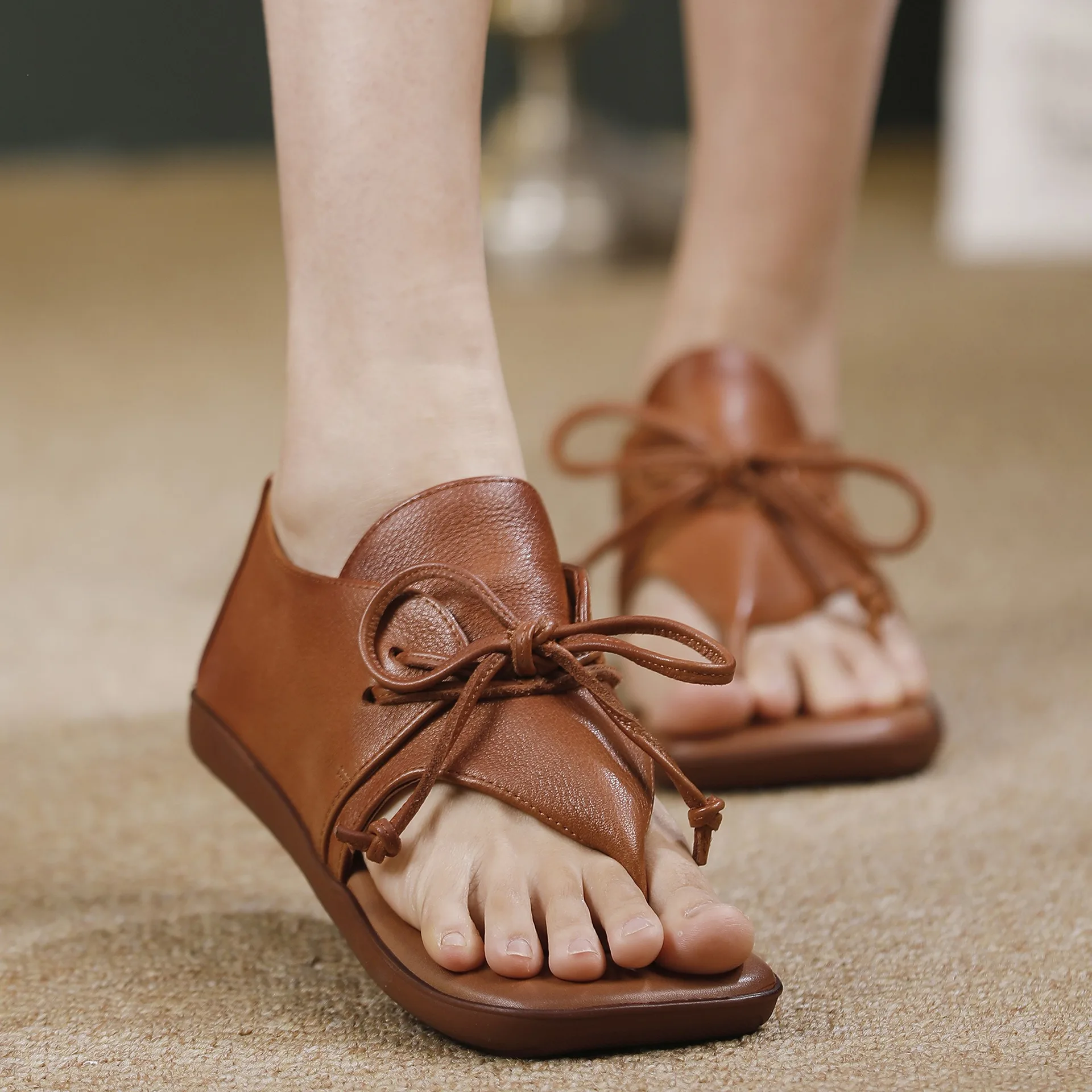 

Женские шлепанцы Birkuir в стиле ретро на плоской подошве со шнуровкой, летние повседневные пляжные сандалии из натуральной кожи на каблуке 2 см