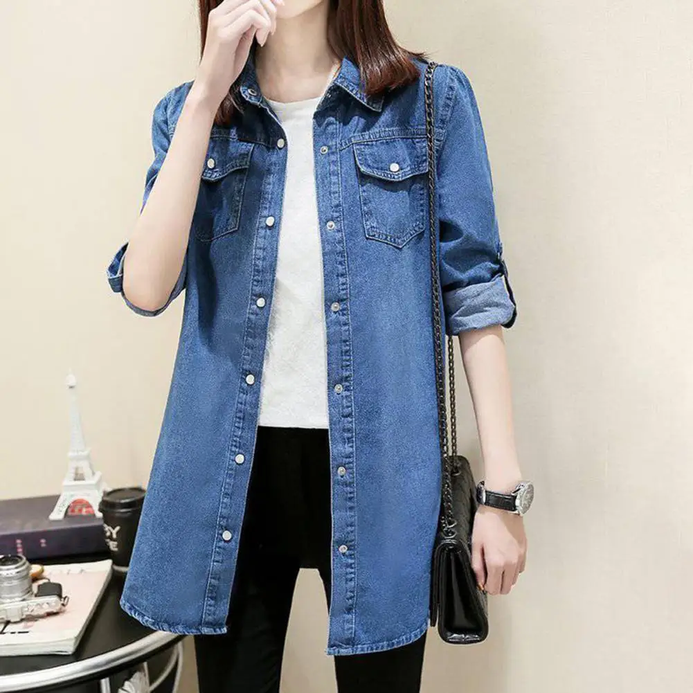 Women Denim Shirt Women Shirt Stylish Women\'s Denim Shirt Coat with Lapel Collar Loose Fit Pockets Fashionable for Commuting