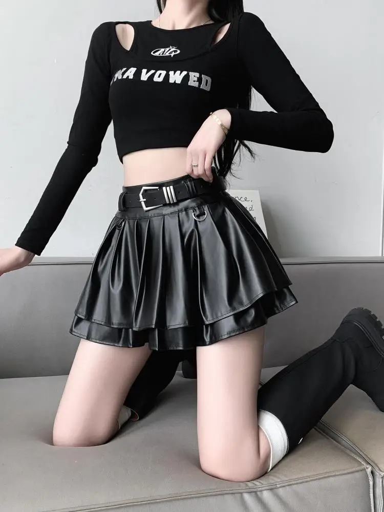 2025 New Silvery High Waist Slim A-line Short Puffy Skirt Black With Belt Pleated Pu Leather Ball Gown Skirt Women Autumn Winter