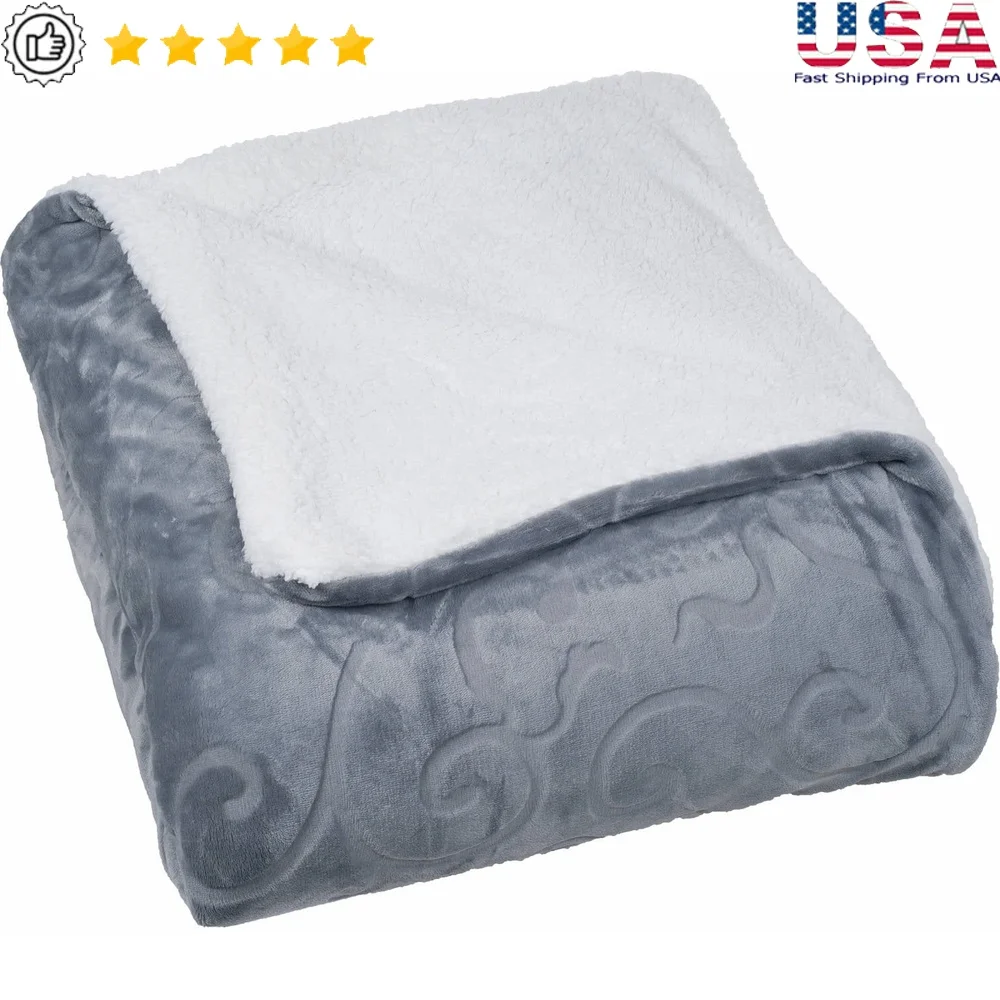 

Floral Etched Fleece Blanket with Sherpa Backing Soft Warm Cozy Polyester Fabric Full Queen King Bed