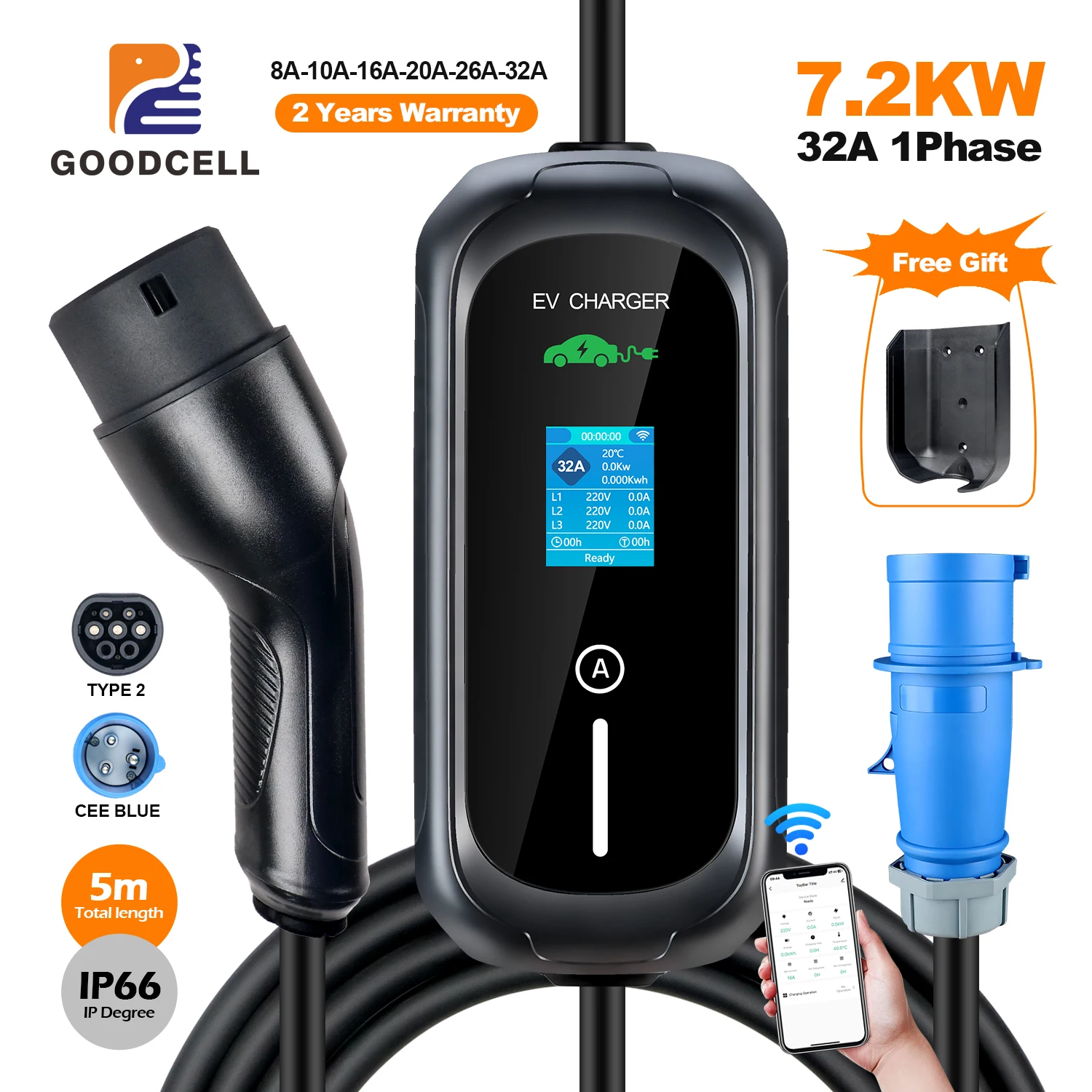 

GOODCELL The latest model 32A 7.2kw Type 2 EV Charger Input 110V-250V Wi-Fi APP Control Use Charging Current 8/10/16/20/25/32A
