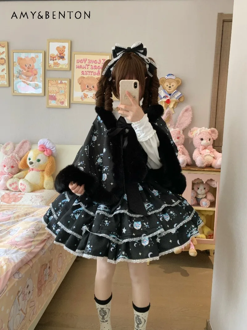 

Оригинальное милое платье с бантом в стиле Лолиты, кавайное платье с мультяшным принтом и бантом JSK, тонкие пышные платья, платье на день рождения для женщин