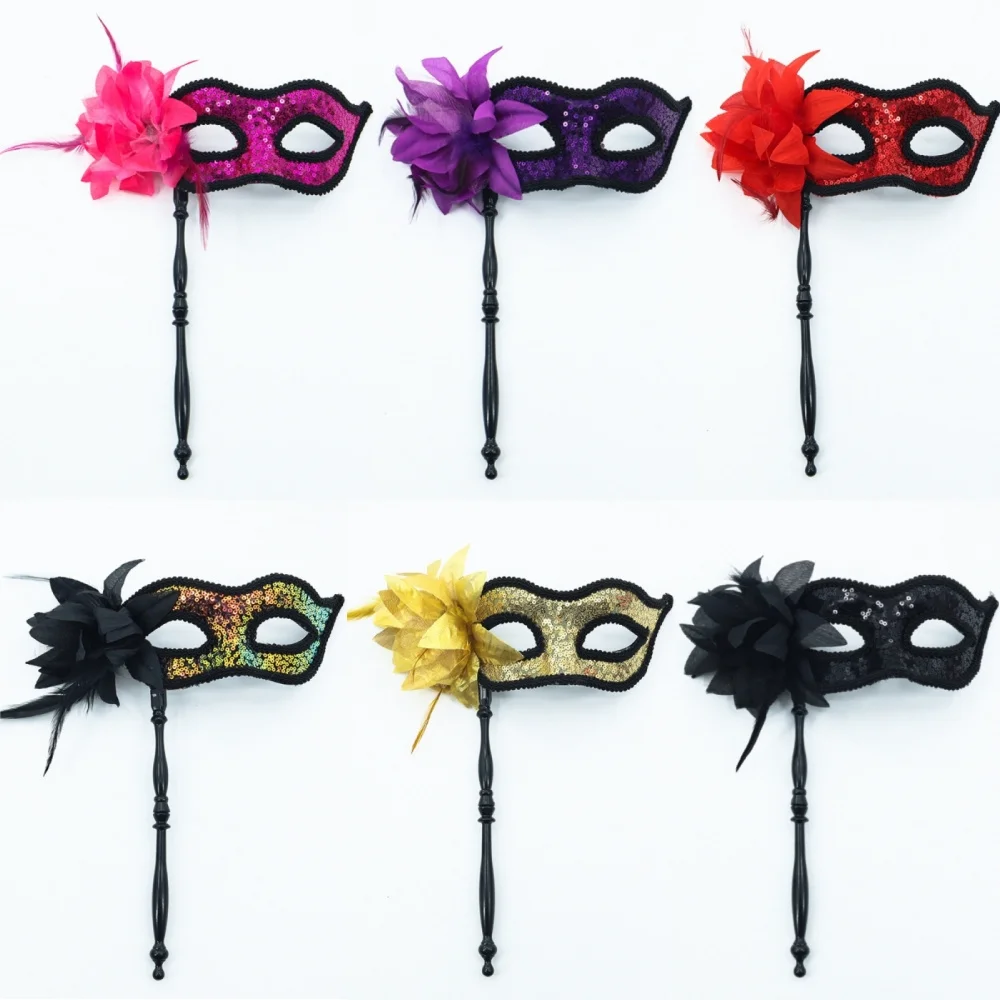 

Venice Princess Ball Handheld Mask Side Flower Mask with Holding Stick Mardi Gras Halloween Party Masquerade Feather Mask