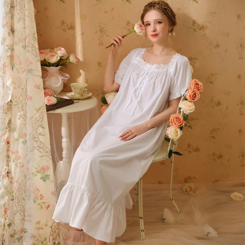 

2025 Sweet Cotton Long Nightgown Women Long Sleeve Suqare Collar Princess Pajamas Retro Palace Sleepwear Bow Loose Loungewear