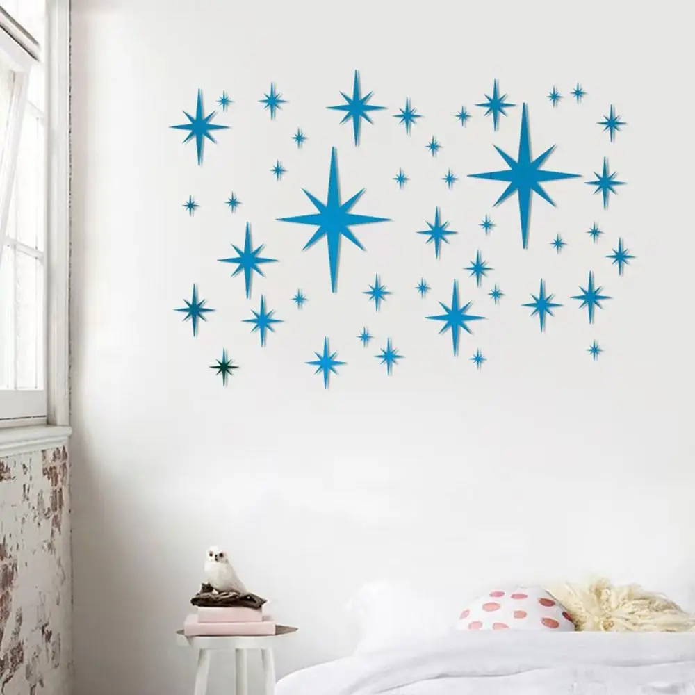 42PCS Reflective Surface Mirror Wall Stickers Starburst Pattern Geometric Star Wall Decals Peel And Stick Self Adhesive