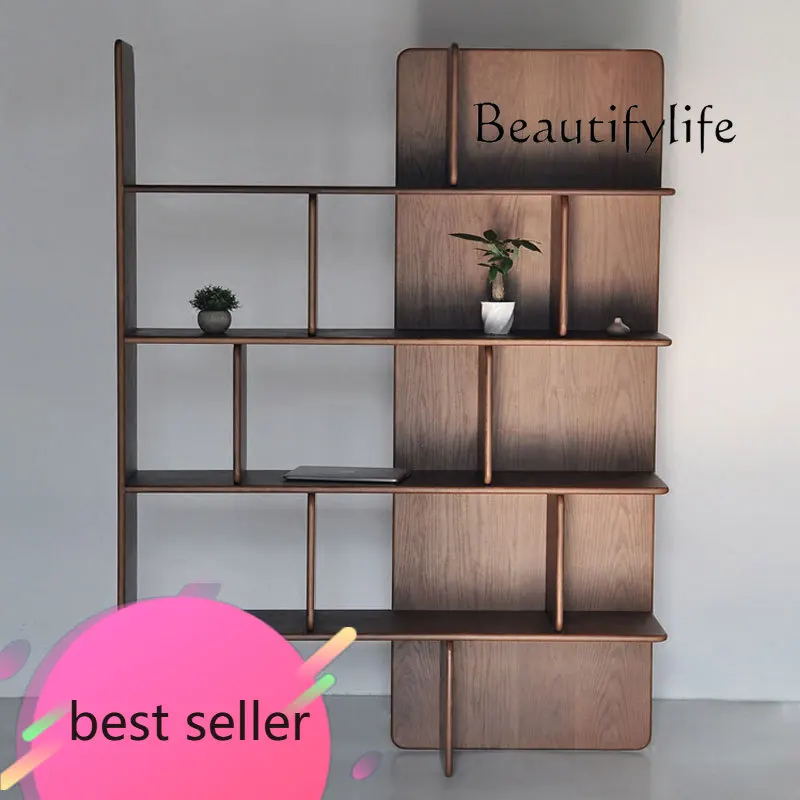 

F North American European Japanese-style All-black Walnut Bookshelf Oak Ornament Storage Shelf Living Room Entrance Partition