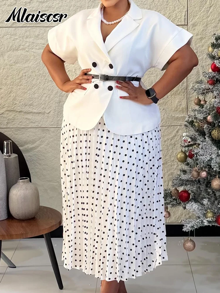 

Mlaiscsr Casual Blazer Suits for Woman Button notched lapel Belt and Dot Print Pleated Skirt 2 Piece Set Female Office Outfits