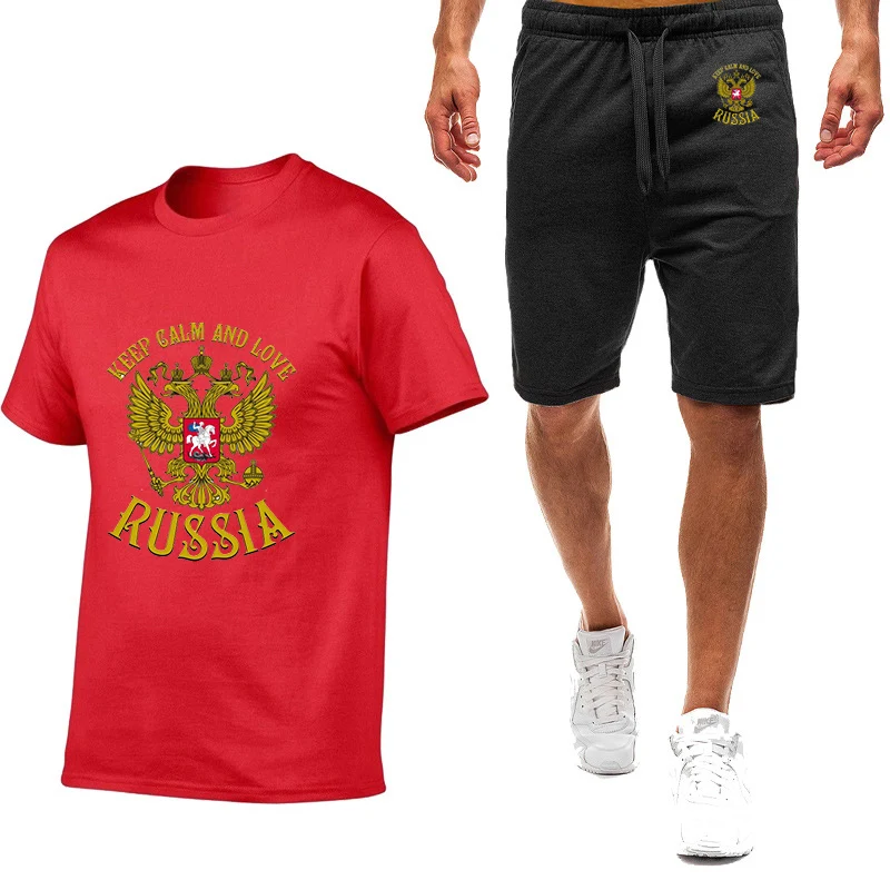 Russia Badge Gold Eagle Printed Polo Shirts Men Comfortable Short Sleeve Shorts Suit Cotton Harajuku Casual Sport T-Shirt Set