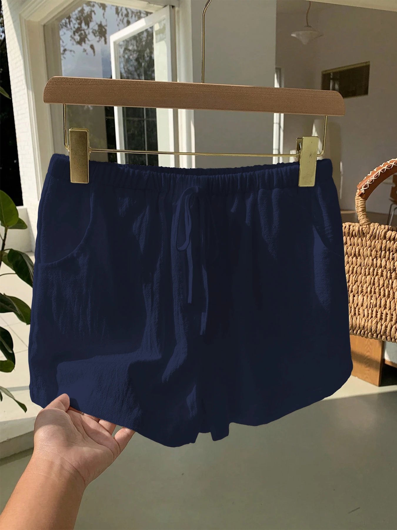 Damen Neue Frühling-Sommer Leinen Einfarbige Lässige Sport-Shorts mit Elastischem Bund und Kordelzug – Detail 7