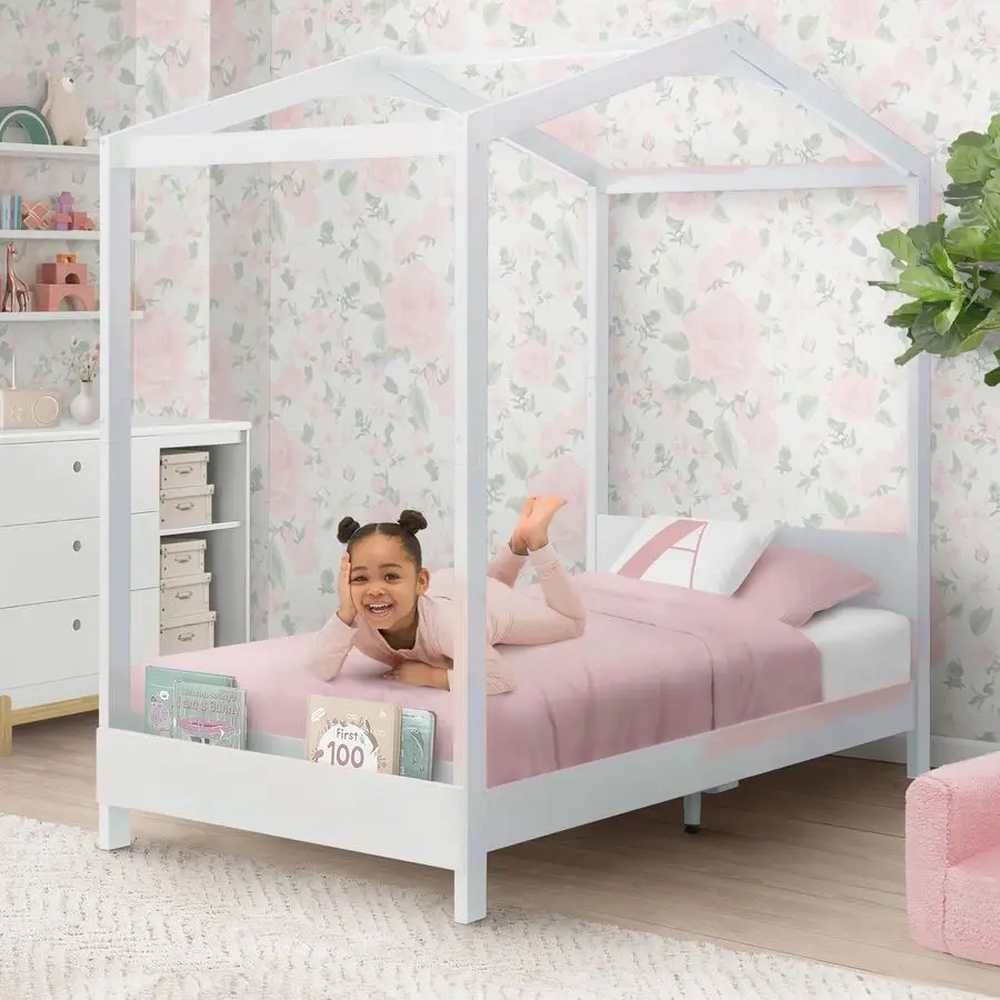 

Children Poppy House Wood Twin Bed, Platform Bed No Box Spring Needed, Bianca White