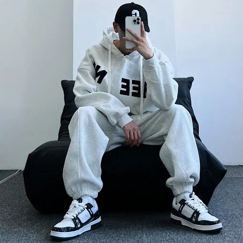 

Spring and Autumn New Slant Zipper Loose Casual Sports Hoodie Men's Fashion American Retro Pants Two Piece Set Male Clothing