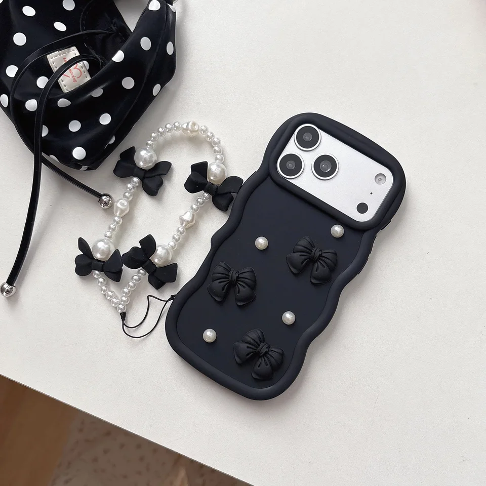 Funda Coreana 3D de Silicona con Moño y Perlas para iPhone 17 Air 16 15 14 13 12 11 Pro X XS XR Max 7 8 Plus con Cordón 2