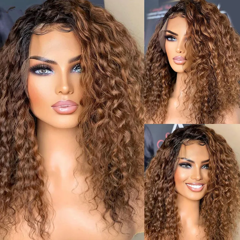 Ombre Braun Blond 180Density Kinky Curly 26 Zoll lange tiefe Lace Front Perücke für schwarze Frauen Babyhaar vorgezupft leimlos täglich