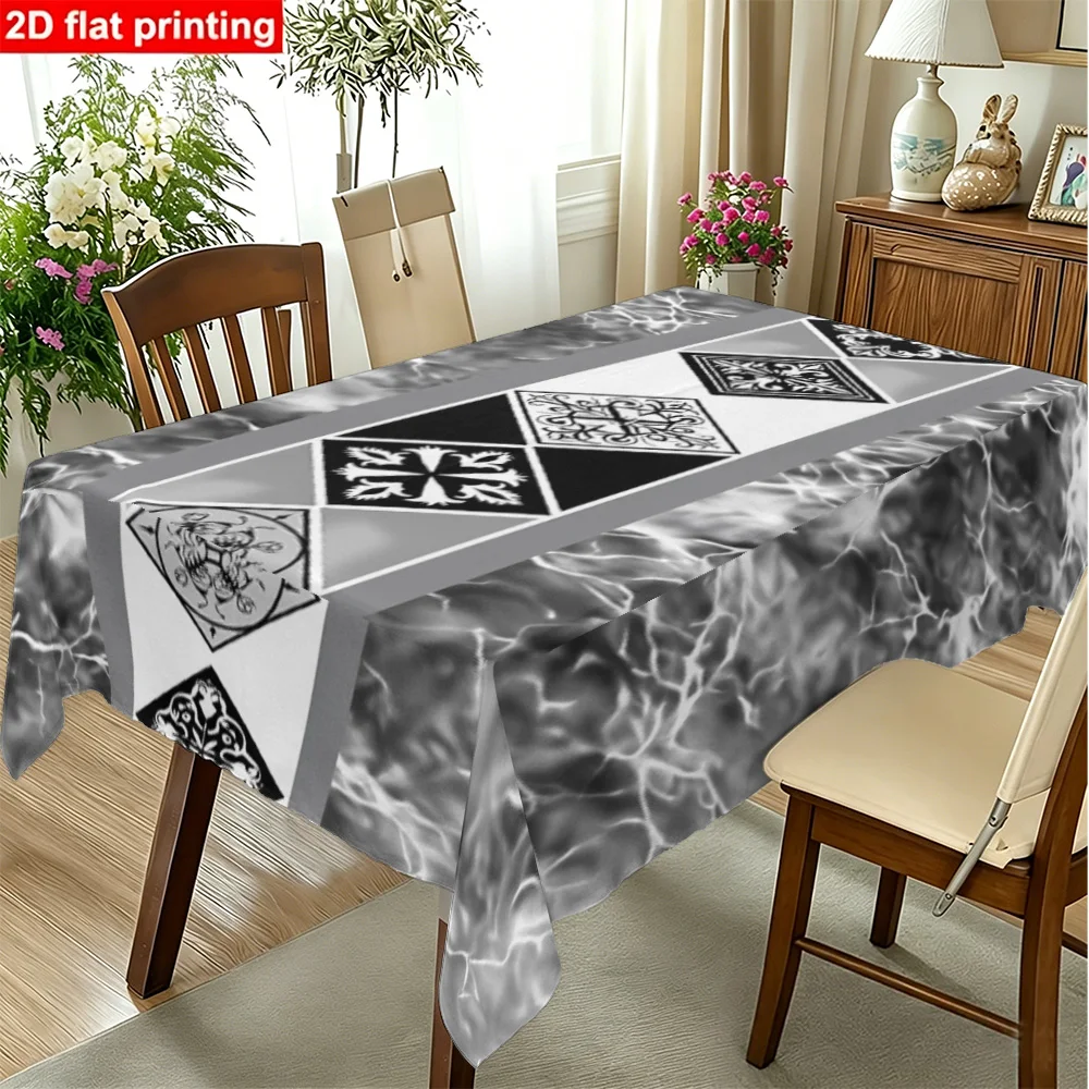 1PC Rectangular tablecloth in black and white marble texture with elegant geometric vintage tile pattern made of durable polyest