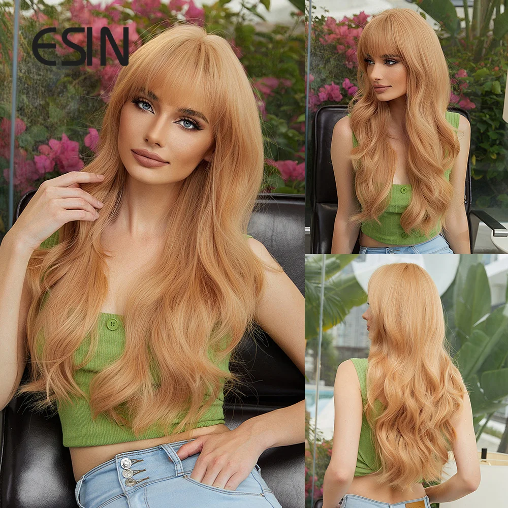 ESIN Barbie Style Synthetic Long White Blonde Water Wave Wigs with Bang for Women Cosplay Party Natural Daily Wig Heat Resistant