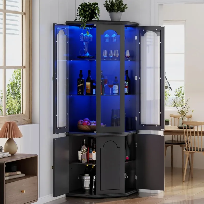 Corner Bar Cabinet w/LED Lights,Tall Modern Wine Cabinet Tempered Glass Door Adjustable Shelves,Home Bar Liquor Storage Cabinet