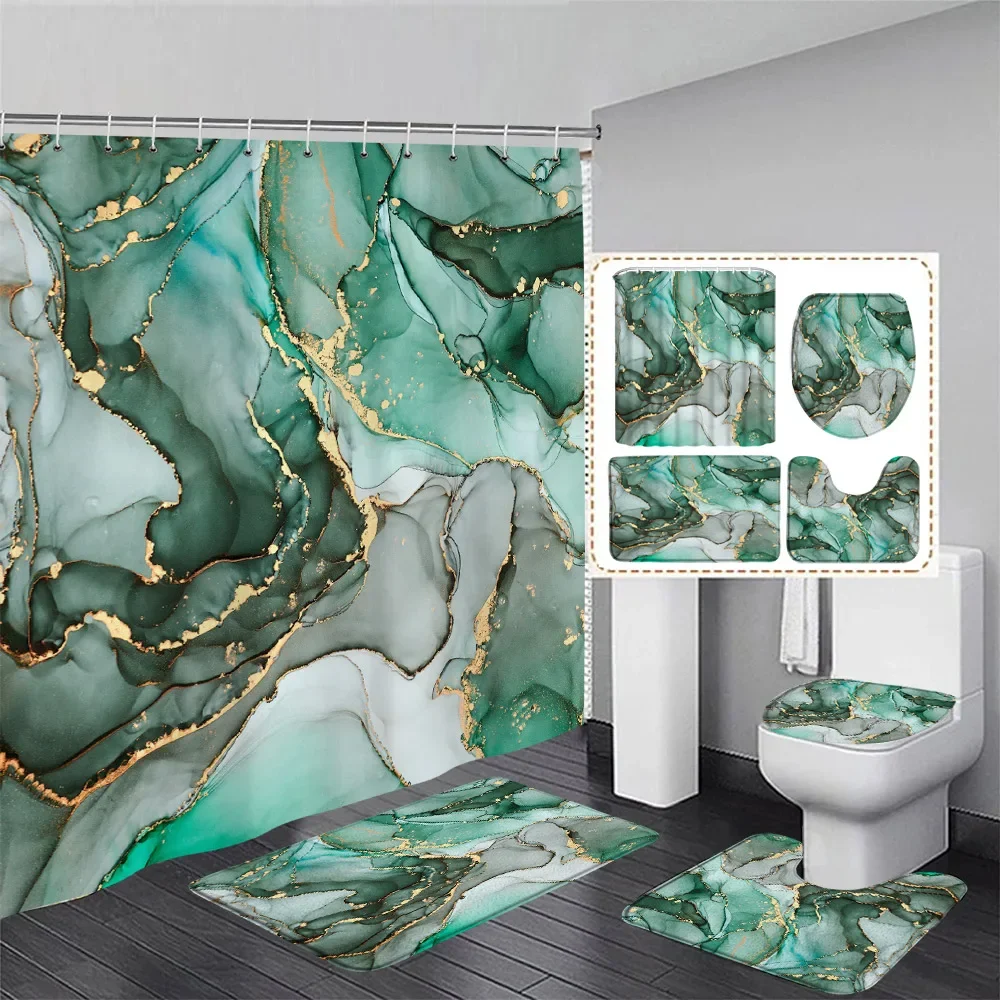 Green Marble Shower Curtain Set Creative Watercolor Ink Art Geometric Modern Bathroom Decor Floor Rug Bath Mats Toilet Lid Cover