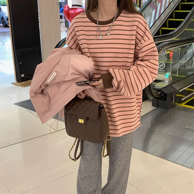 Herbst- und Winter-Damen-Sweatshirt im koreanischen Stil, lässig, Rundhalsausschnitt, lange Ärmel, Farbblock-Streifenmuster, Oversize, locker geschnitten, Damenoberteile. – Detail 6
