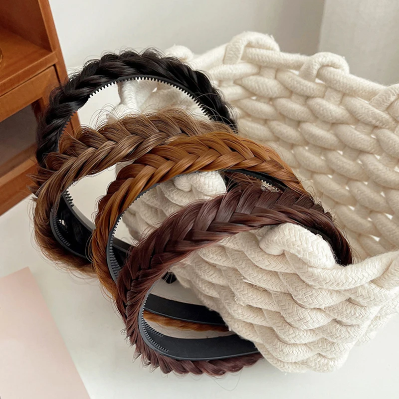 Fashion Wig Twist Headbands for Women Wide Fishbone Braids Hairbands Handmade Retro Head Hoop Hair Styling Headwear Accessories