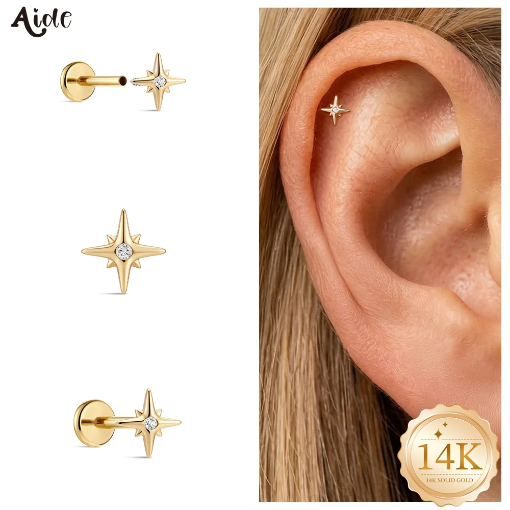 

Aide Real 14K Solid Gold Delicate Starburst Stud Earring Screw Back Piercing Earring Perfect Birthday Monther's Day Gift for Her