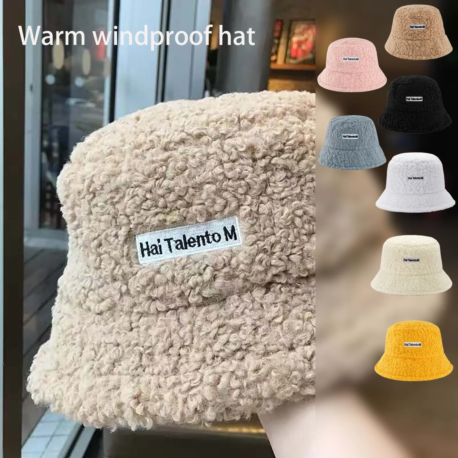 Women's Cycling Caps Winter Lamb Velvet Fisherman Hat Warm Windproof Korean Style Small Label Letter Plush Lamb Fur Bucket Hat