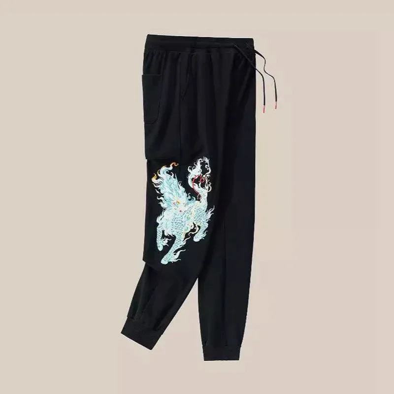 Lyprerazy Men\'s Casual Pants Embroidered Cotton Sweatpants National Tide Loose Straight Elastic Waist Pants
