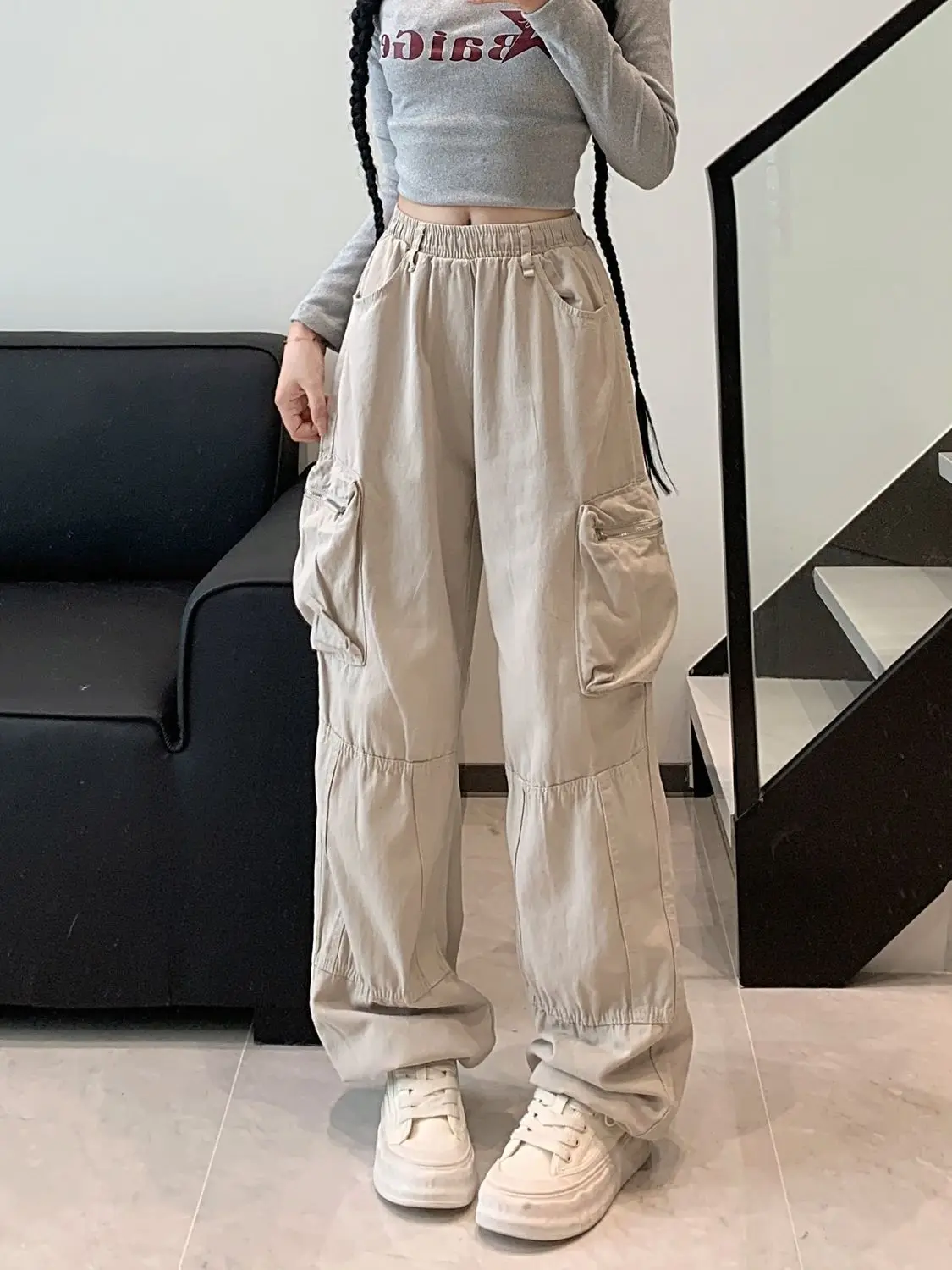 Salopette casual americana tascabile retrò Pantaloni larghi in denim a gamba larga Pantaloni larghi da donna