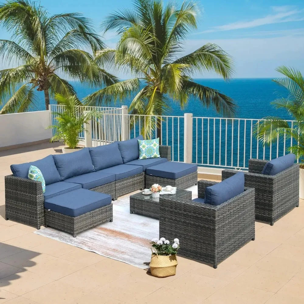 Patio Furniture Set Outdoor Sectional Sofa  Big Size All Weather PE Rattan Wicker Outdoor Conversation with Pillows