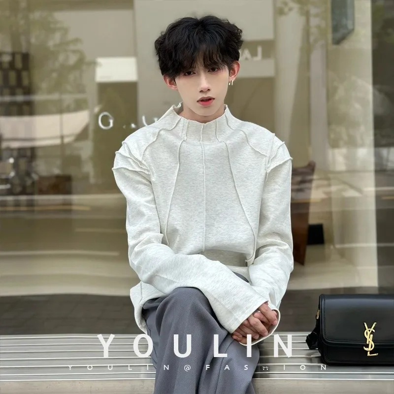 

Дизайнерская футболка с длинным рукавом для мужчин, модель с маленьким воротником, базовая футболка свободного кроя, повседневная, весна-лето, хлопок