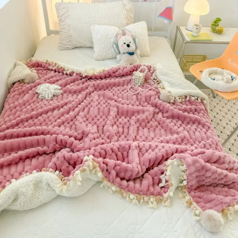 

2025 new milk fleece fringed ball blanket large draw lamb fleece three-dimensional craft fleece blanket cover blanket