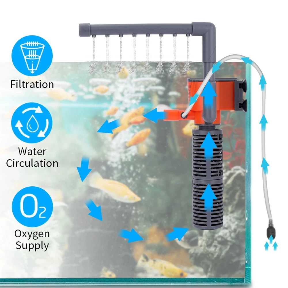 3-in-1 Fish Tank Filter Aquarium Submersible Water Pump AC220-240V Mini Filter Oxygen Air Pump for Small Aquarium Fish Tank