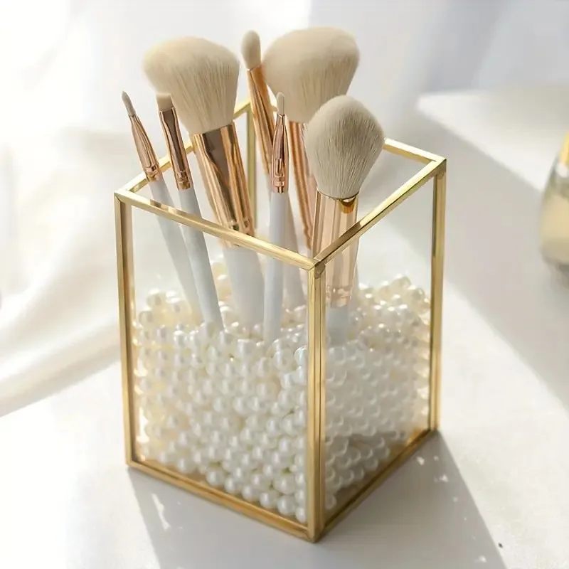 1 soporte para brochas de maquillaje, organizador de brochas cosméticas de Metal dorado con 1 ranura, caja de papelería, taza para brochas para tocador, escritorio, vestido