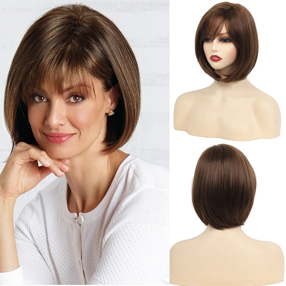 Synthetic Blonde Wigs Straight Short Bob Cut with Bangs Wig for White Women Daily Party Cosplay Heat Resistant Hair