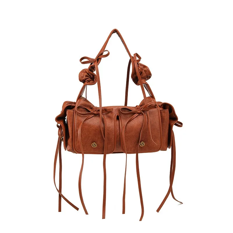Cross-border 2026 Vintage Versatile Multi Pocket Lace-up Pleated Tote Bag Shoulder Bag Large Capacity Handbag Everyday Matching