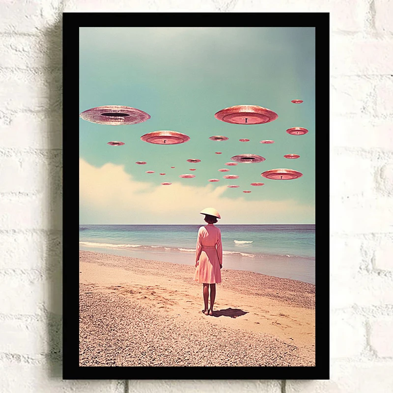 خمر مخدر الوردي الغريبة UFO مع امرأة الملصقات يطبع قماش اللوحة الرجعية الفضاء جدار ديكور فني اللوحة ديكور غرفة المنزل