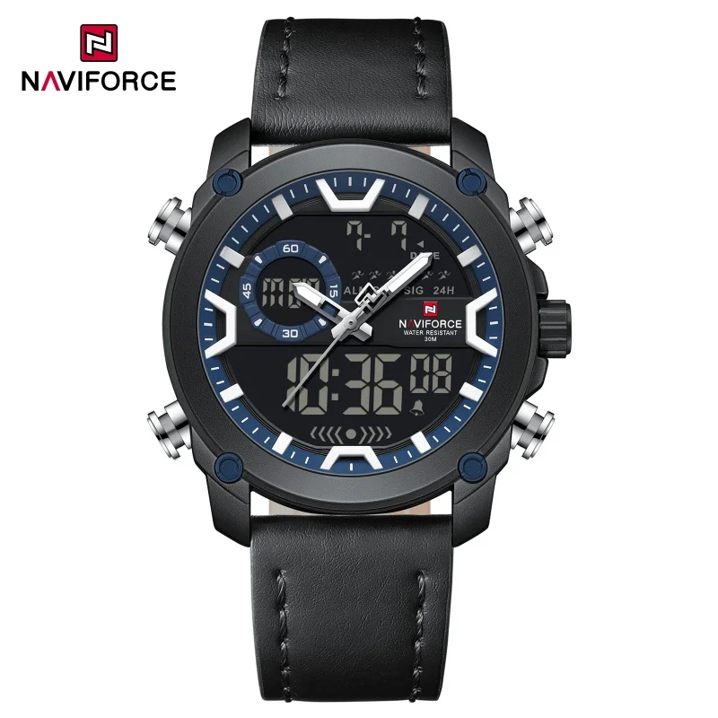 NAVIFORCE 9261 Business Men's Sports Digital Watch Night Light Chronograph Double Screen Waterproof Belt Quartz Watch Reloj
