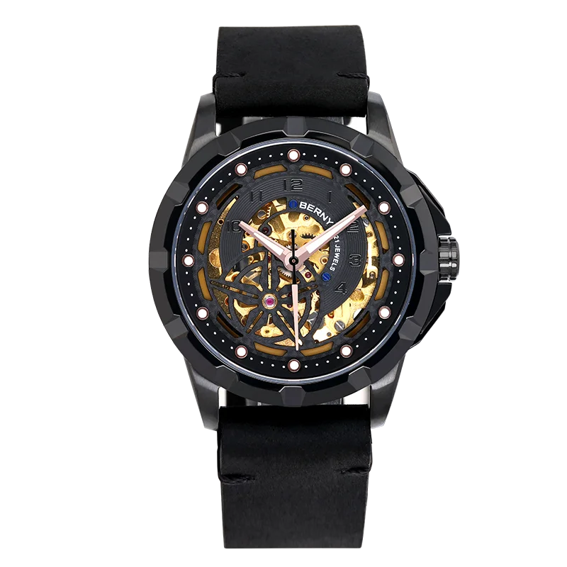 BERNY Männer Automatische Selbstaufzug Uhr BERNY 8N24 Skeleton Mechanische Uhren Luxus Steampunk Leuchtende Wasserdichte Armbanduhr